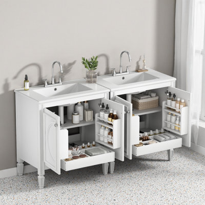 Ensemble de meuble-lavabo 60 po noir avec lavabo double en céramique, portes à fermeture douce et rangement pour tiroir 60 po