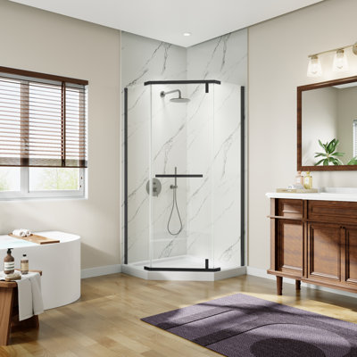 Cabine de douche de coin pivotante de 36 po x 72 po à cadre plein avec porte battante simple à 3 panneaux en verre trempé de 6 mm avec poignées magnétiques en acier inoxydable 304 et installation réversible à manchon pivotant