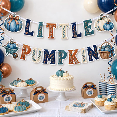 Little Pumpkin Baby Shower Banner, Teal Blue Pumpkin Garden Garland with Wheelbarrow and Basket, Navy Copper Cream Cardstock Decor