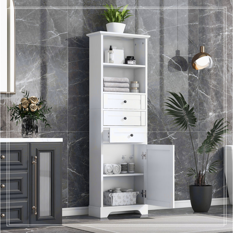 White Tall Bathroom Storage Cabinet with Adjustable Shelves and Drawers