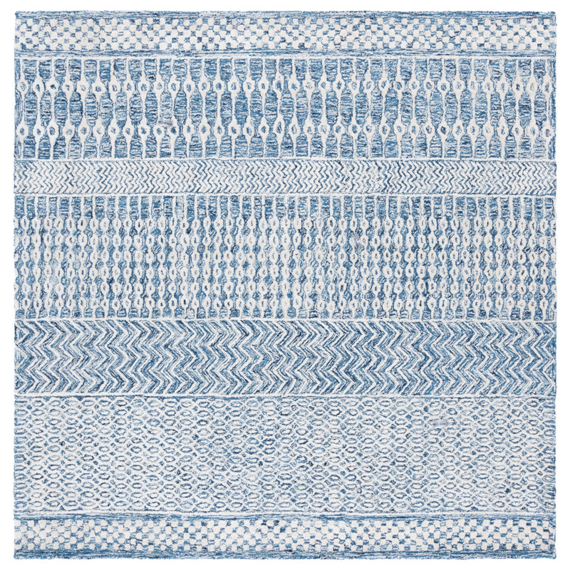 Tapis oriental ivoire / bleu marine en laine touffeté à la main Ambr, Carré 6 pi