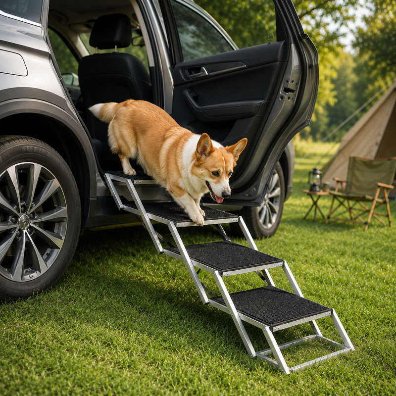 Escaliers de chien réglables pour voiture, marches en aluminium pliables pour animaux de compagnie avec surface antidérapante à 3 couches, escalier pour chien portable pour VUS, camion et petits véhicules, supporte 250 lb
