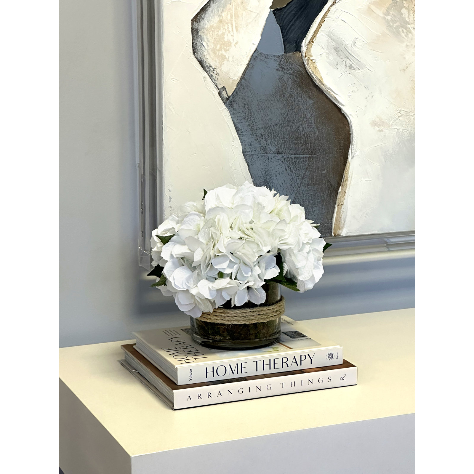 Hydrangea in Glass vase with Moss, White