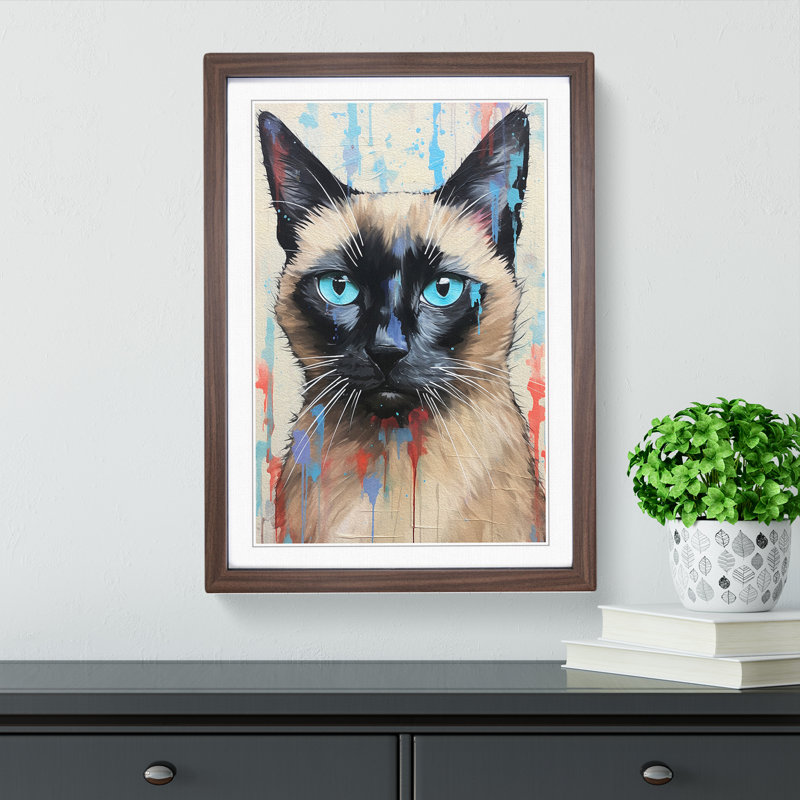 Siamese Cat Action Painting No.3 - Single Picture Frame Print on Wood, 64cm H x 46cm W x 2cm D, Walnut