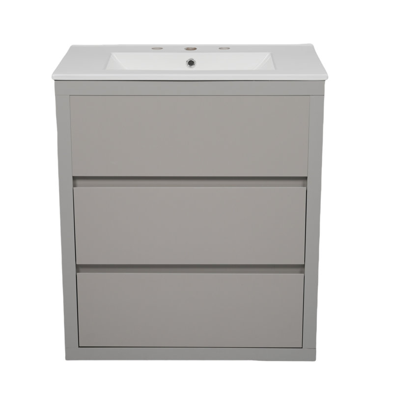 Meuble-lavabo compact sur pied avec lavabo en céramique et finition imperméable, design moderne en bois massif pour petits espaces