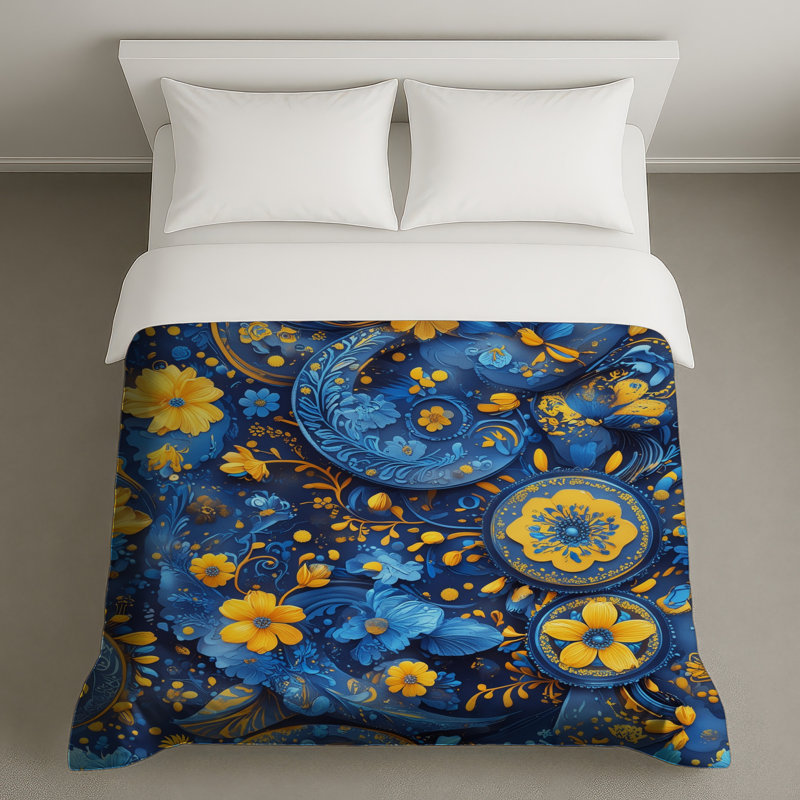 Housses de couette à motif floral bleu et jaune, Grand lit