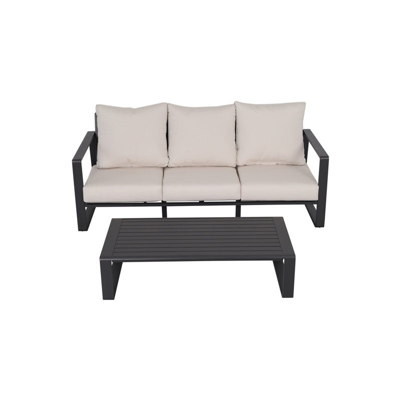 Table confortable à trois places et rectangulaire, coussin gris moelleux, structure en aluminium robuste et table basse, confortable