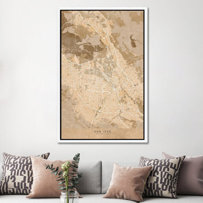Map Of San Jose (Ca, USA) In Sepia Vintage Style 1 Piece Wall Art on Canvas