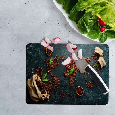 Modern World Map Print on Rectangular Glass Cutting Board Ideal for Kitchen Use and Picnic Serving Purposes with Unique Personalized Design