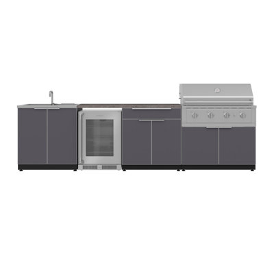 Ensemble d'armoires d'extérieur en aluminium noir 6 pièces avec évier, bar, gril, gril au gaz naturel performant 40 po, plateau en pierre d'ingénierie grise 56 po et réfrigérateur à porte en verre