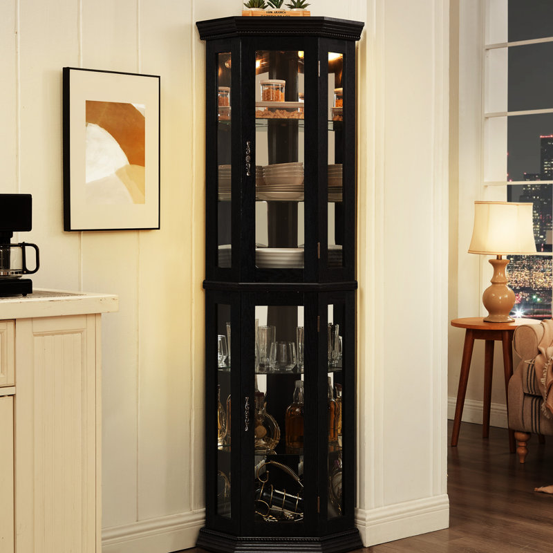 Armoire peu encombrante avec 6 tablettes réglables, assemblage et fonctionnalité, tablettes d'angle en verre noir, assemblage facile,