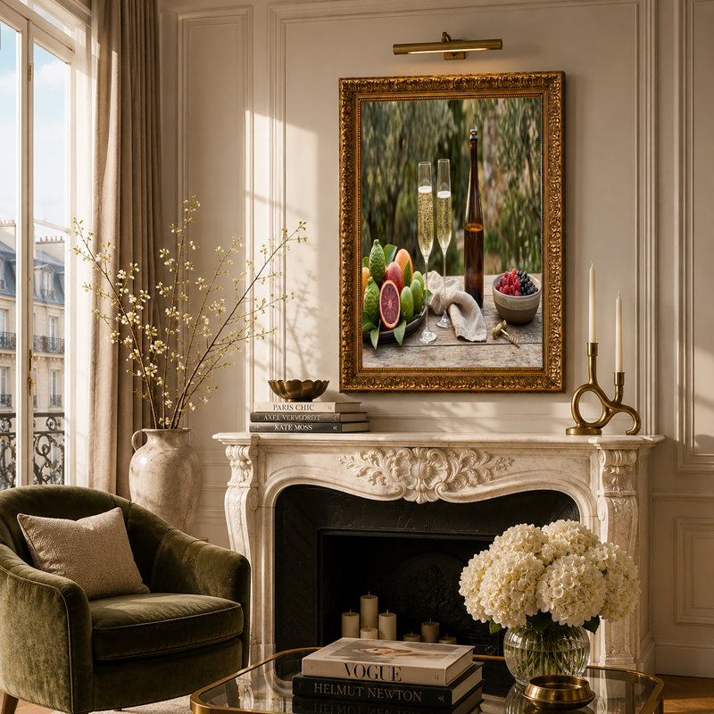 Flûtes à champagne et agrumes sur une table en bois, art mural, H 20 po x l 30 po