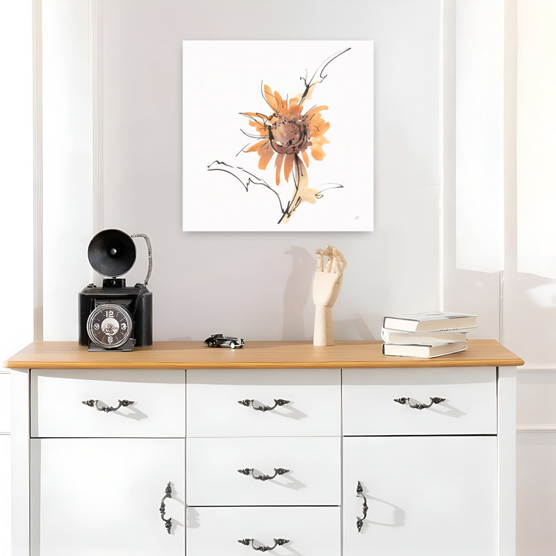 Abricot tournesol III, art contemporain de fleur de tournesol abstrait, H 18 po x l 18 po