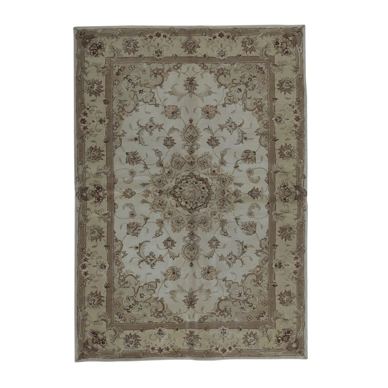 Tapis ivoire et doré de haute qualité noué à la main