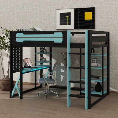 Full-Size Wooden Loft Bed With Desk, Shelves, Power Outlet & USB/Type-C Ports, Plus LED Lighting