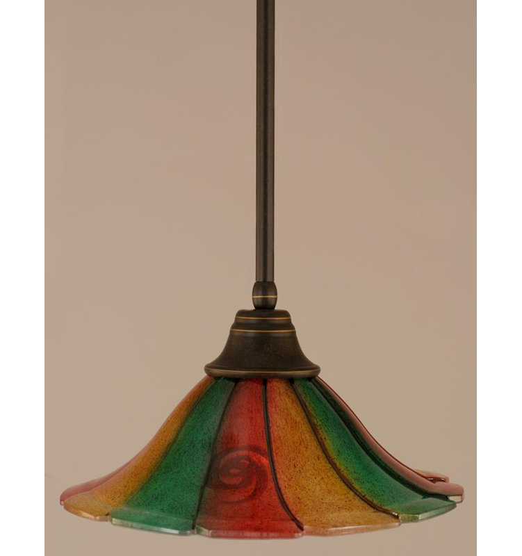Stem Hung Pendant With Glass, Dark Granite, 14", Mardi Grass Glass