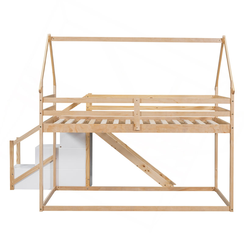 Lit simple mezzanine ou superposé avec glissade et escalier, Naturel