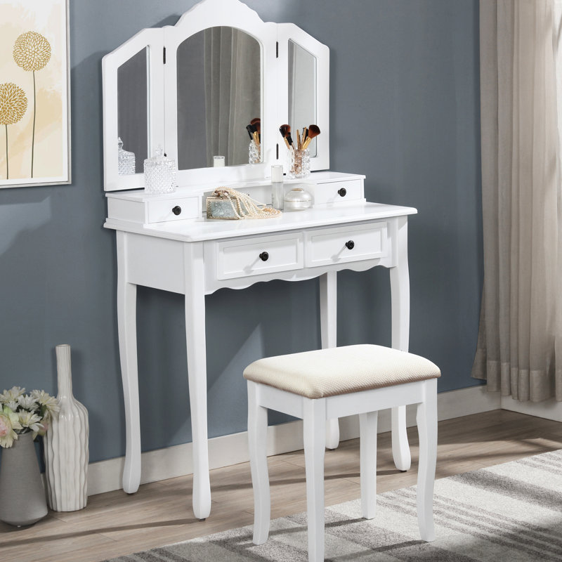 Vanity Make Up Table And Bench In White - Construction Stylish Hardware Wooden Cosmetic Desk Stool With A Beveled Mirror Wood