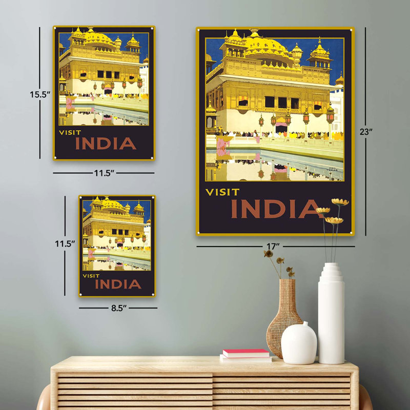 «Visit India» sur impression métallique, H 15,5 po x l 11,5 po x P 0,04 po