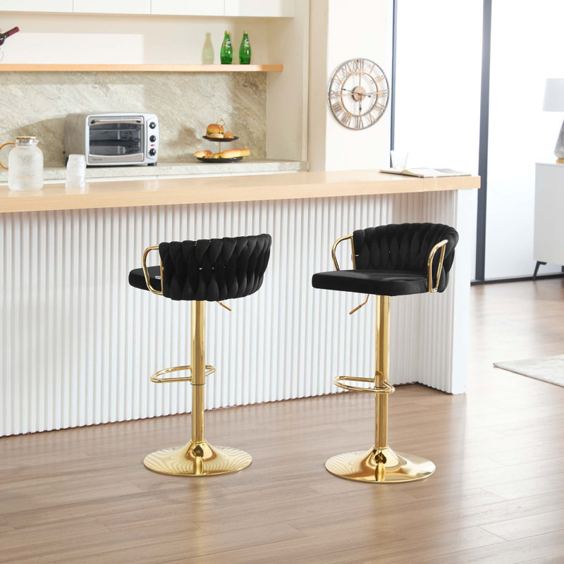 Bar Stool, Breakfast Bar Stool, Velvet Kitchen Stool, Island Counter Stool Height Adjustable, 360° Swivel Stool, with Metal Base and Footrest