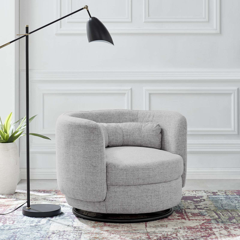 Luxury Curved Silhouette Light Grey Velvet Swivel Accent Chair with Black Metal Base