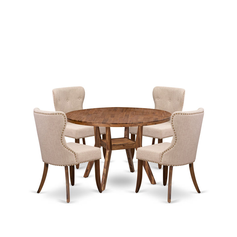 Cet ensemble de salle à manger 5 pièces comprend une table de cuisine ronde de 48 po avec piédestal et 4 chaises Parson en tissu de lin brun clair, noyer antique