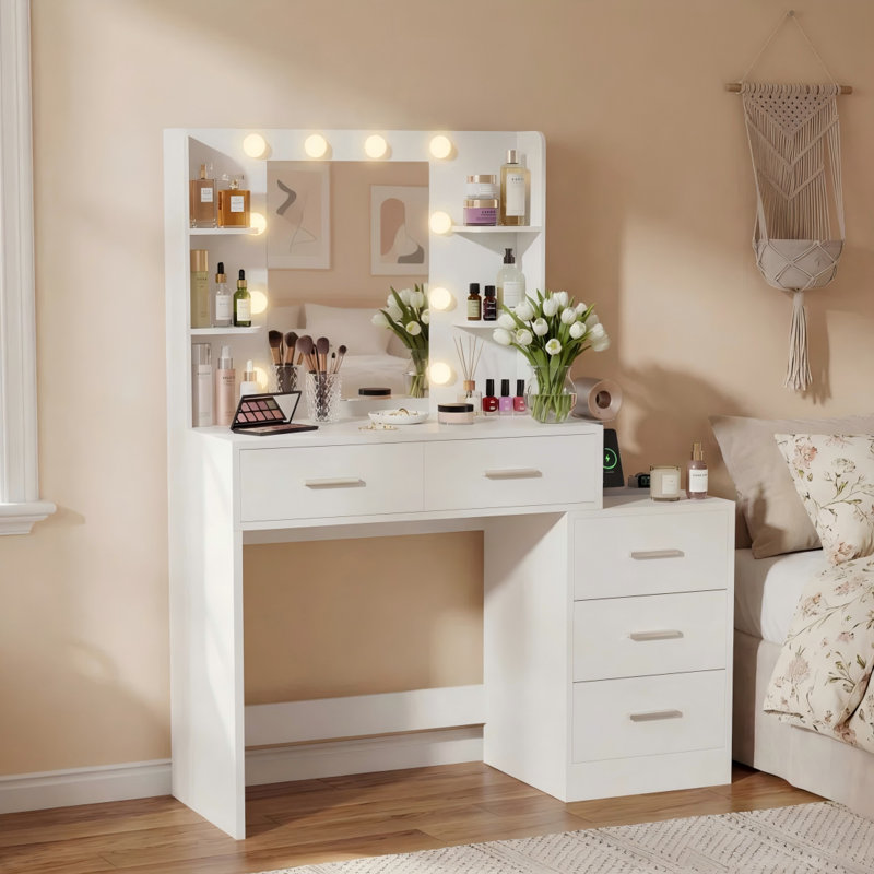 Table de coiffeuse avec éclairage réglable 3 couleurs, table de chevet attachée, prises de courant multiples et grand rangement, 3 couleurs disponibles