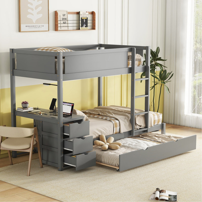 Lit simple superposé simple avec lit gigogne simple, rangement et bureau, gris, Gris