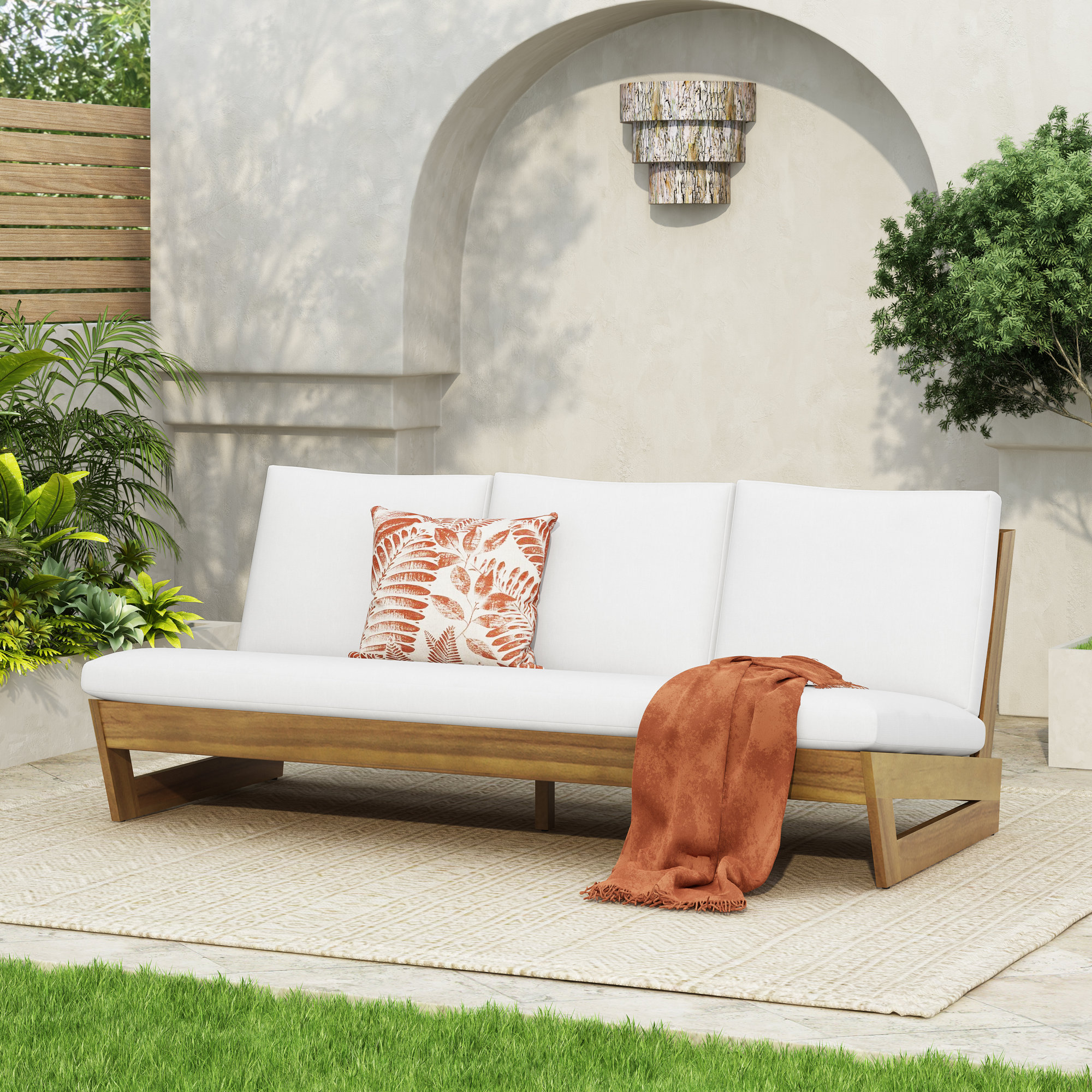 Louise 67" Acacia Outdoor Sofa with Cushions, Brown, White