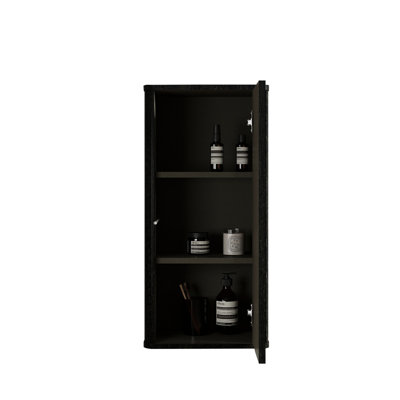 Armoire de salle de bain en brun noir - avec des textures à rayures chics et un rangement en chêne, des rayures élégantes et beaucoup d'espace
