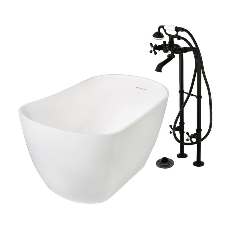 Kingston Brass Arcticstone 51-Inch Solid Surface Oval Single Slipper Freestanding Tub With Faucet Combo And Drain
