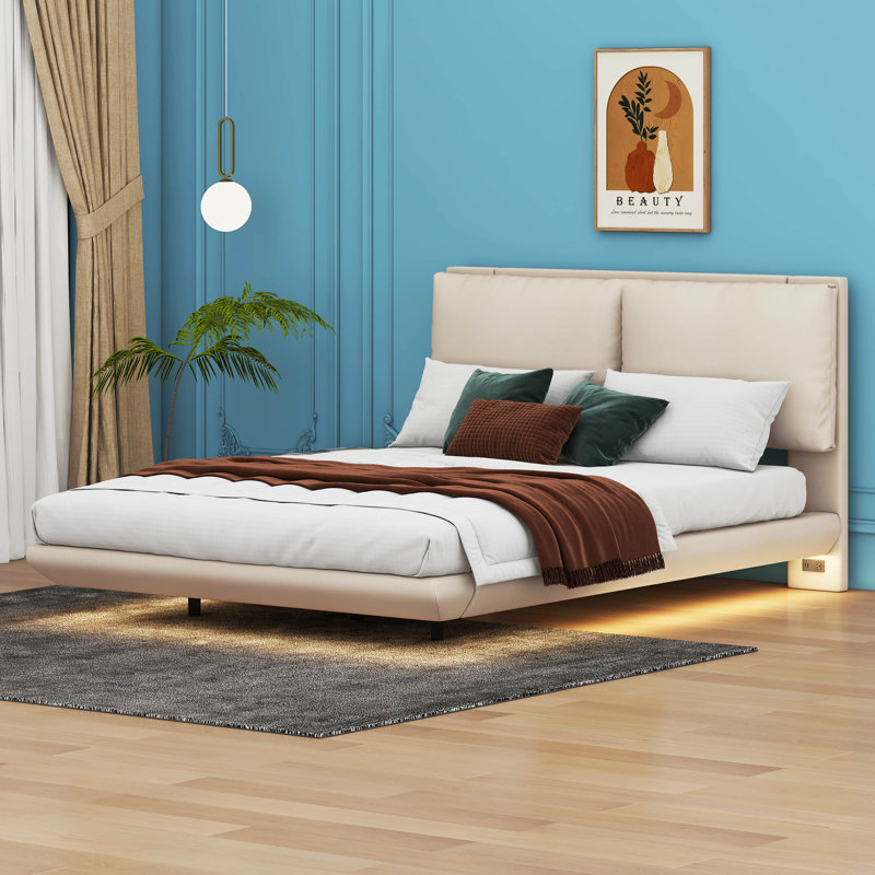 Lit plateforme tapissier avec capteur de lumière, 2 grands dossiers, port USB et prise, Grand, Beige