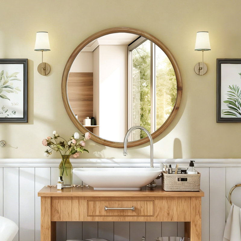 Miroir rond rond avec cadre en bois, miroir circulaire en bois naturel de 23,62 po pour la salle de bain, la chambre à coucher, le vestibule, miroir décoratif moderne Mid-Century