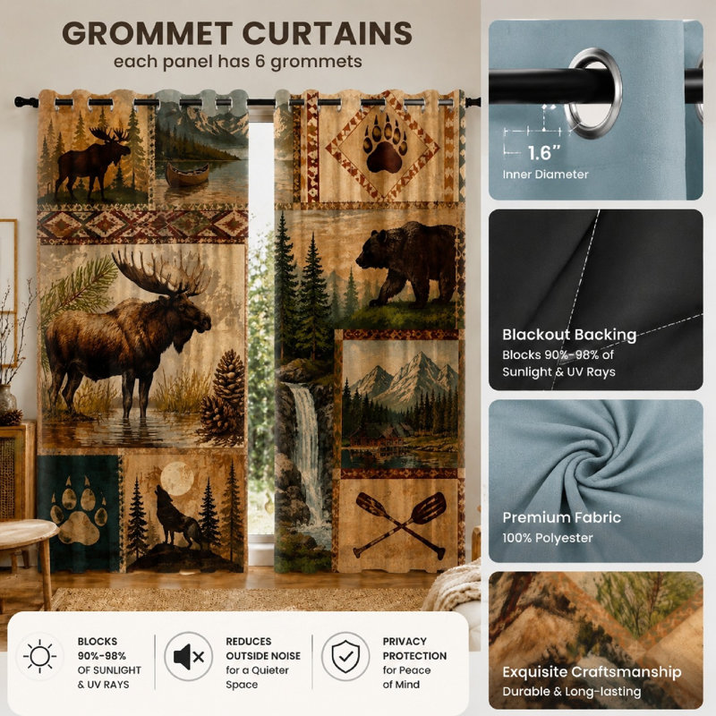 Ensemble de 2 rideaux-tapisseries imprimés représentant un chalet en pleine nature avec des orignaux, des ours, des loups et une cascade. Décor rustique et naturel pour le salon et la chambre à coucher.