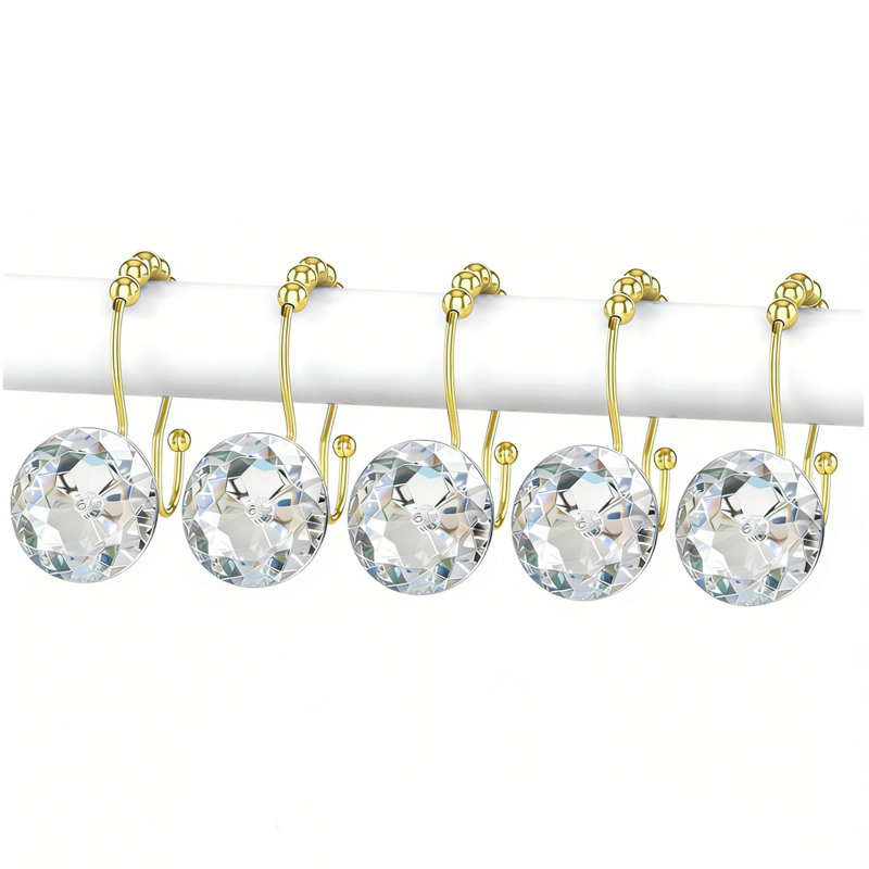 Paquet de 12 crochets de rideau de douche en cristal - Anneaux de rideau de douche double en acier inoxydable doré, crochets de douche décoratifs en métal pour rideau et doublure, accessoires de quincaillerie de salle de bain antirouille