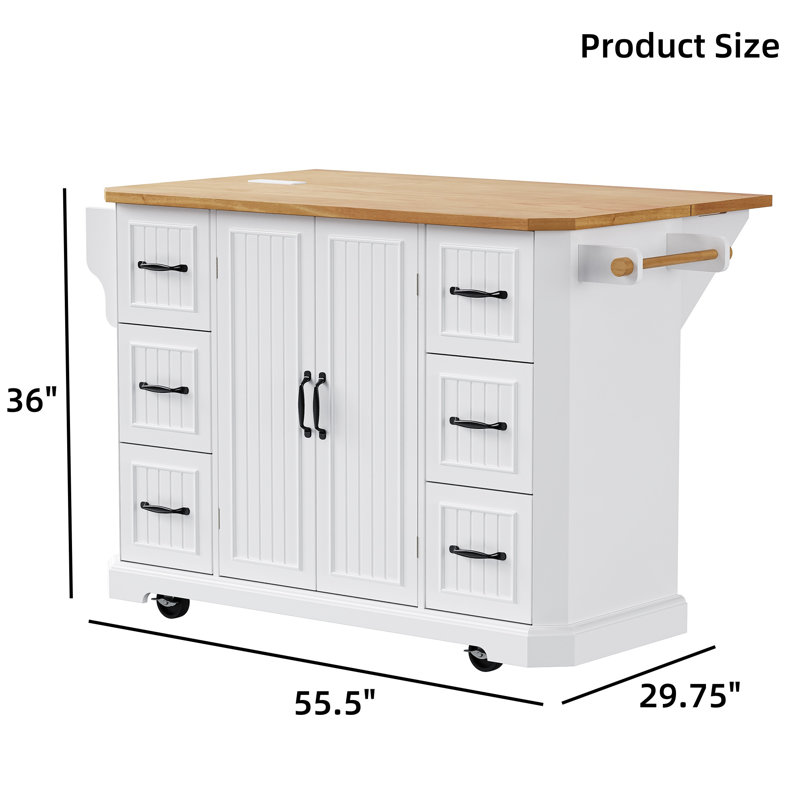 56-Inch Kitchen Island With Rubberwood Veneer Folding Panel, Electrical Outlet, 4 Door Shelves, Embossed Vertical Stripe Rolling Kitchen Cart