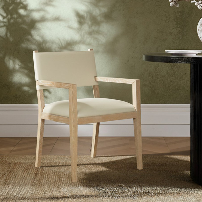 Vina Vegan Leather Dining Arm Chair, Stained Natural, Cream Vegan Leather