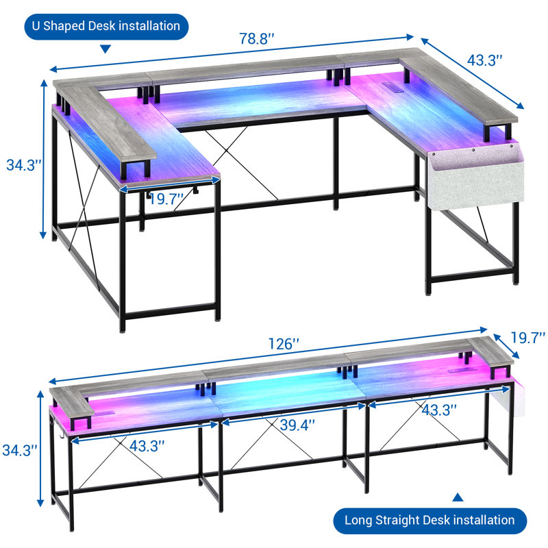 Gaming Desk, U-Shaped Computer Desk with LED Lights and Power Outlets, 126'' Reversible L-Shaped Large Gaming Desk with Monitor Stand, Corner Office Desk with Storage Bag and Hooks, Gray