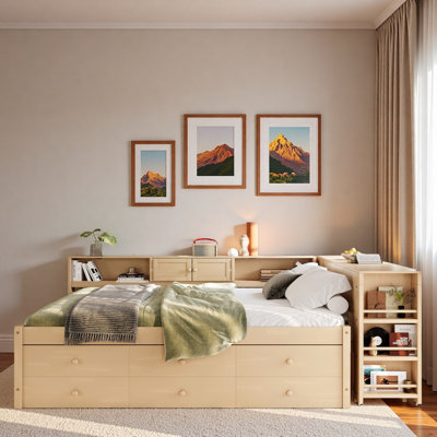 Wood Daybed With Storage Drawers, Side Shelves, Desk And Trundle