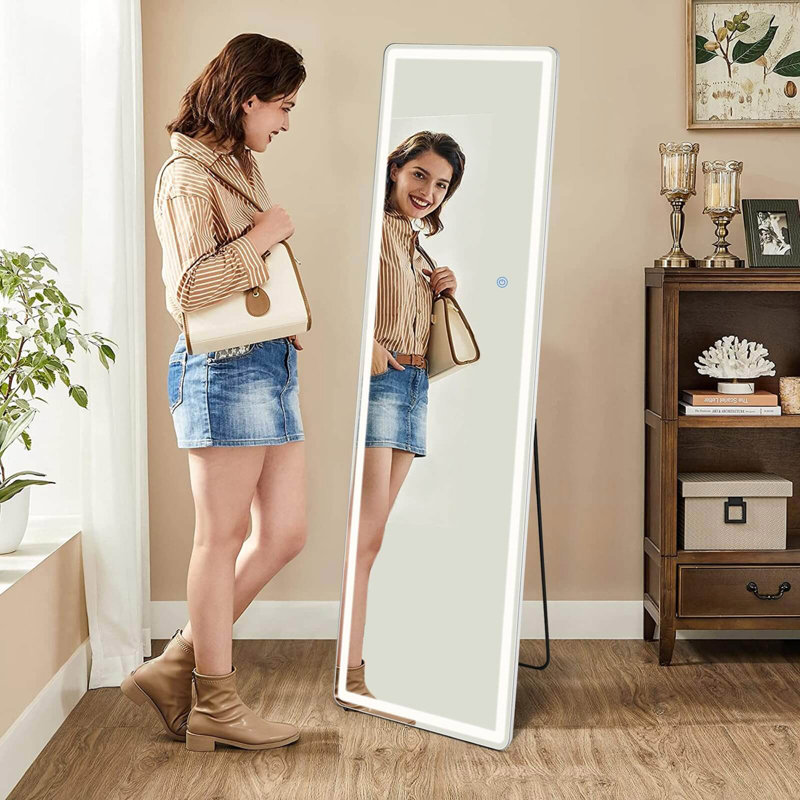 3 Color Lighting Mirror With LED Lights, 64"X21" Lighted Floor Standing Mirror With Stand
