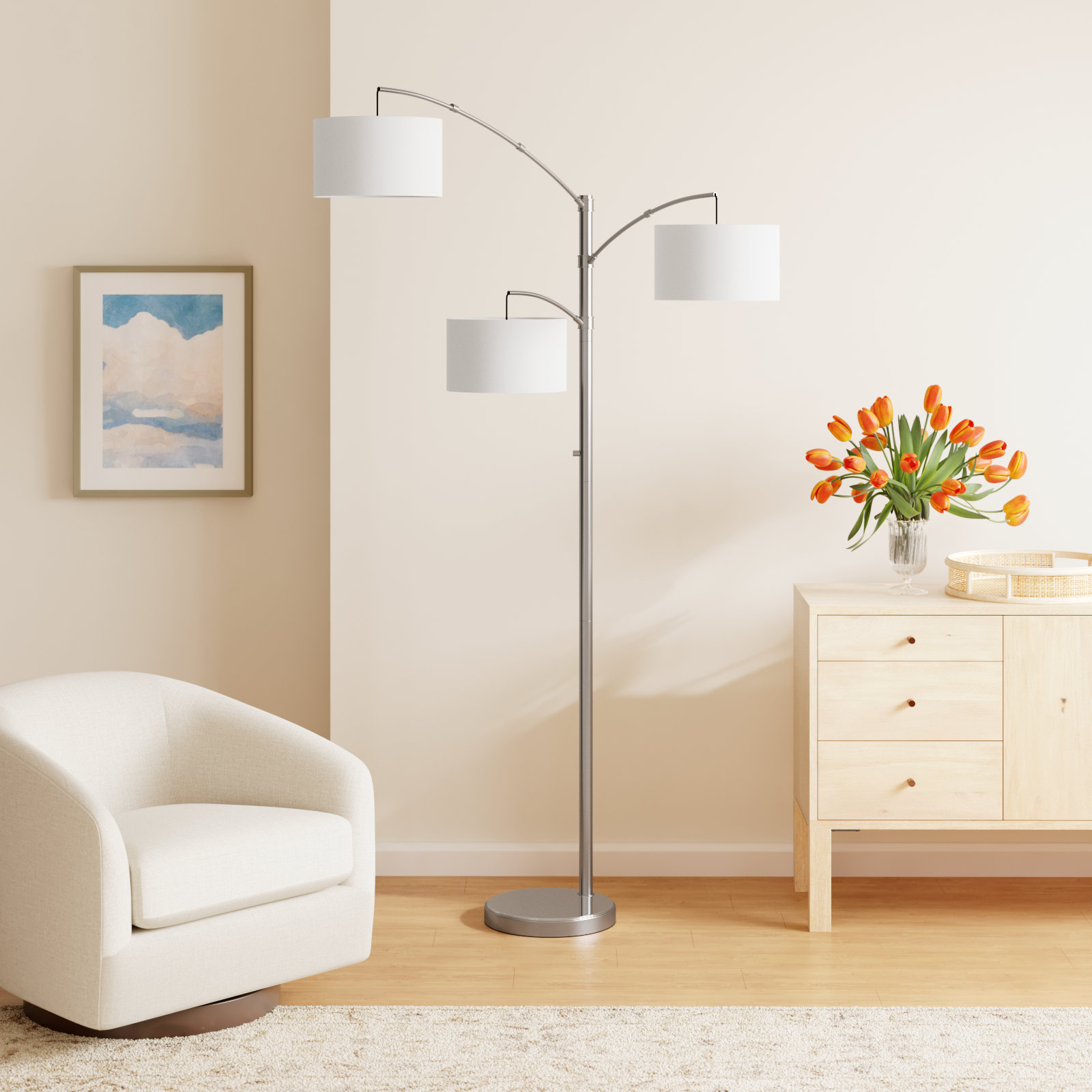 Atelier 82'' Floor Lamp, Textured White, Brushed Steel