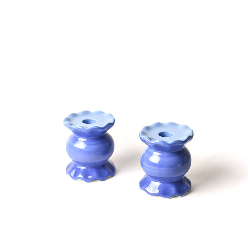 Iris Blue Small Knob Candle Holder With Ruffle Set Of 2, 4.13" H x 4" W x 4" D