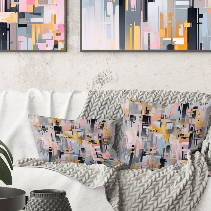 Pink Grey Interlocking Perspectives - Cubism Printed Throw Pillow