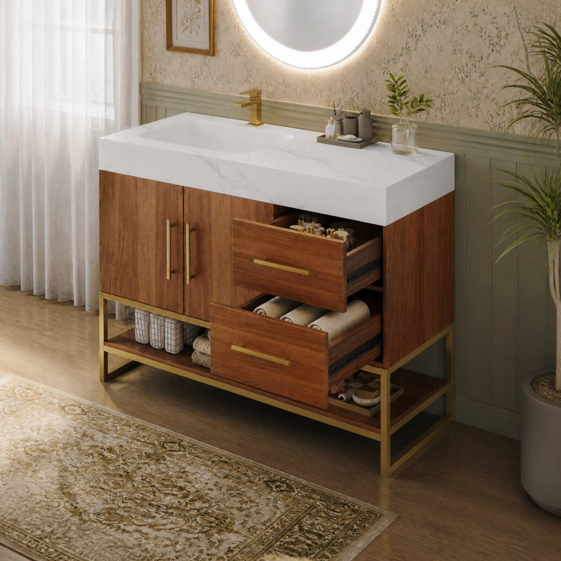 Meuble-lavabo moderne 36 po en noyer avec lavabo en céramique, plateau en pierre frittée, structure en métal doré, tiroirs et tablette de rangement