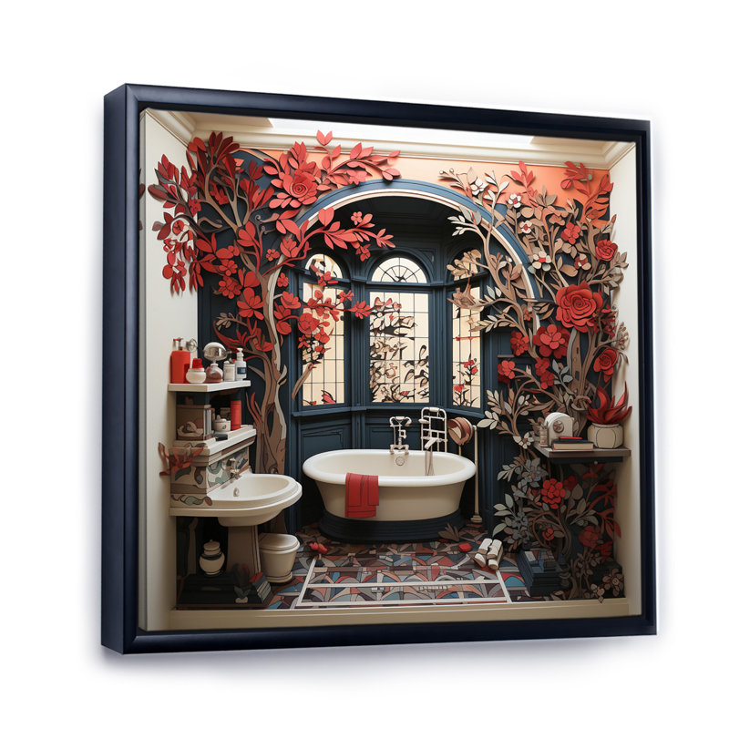«Red Modern Bathroom Charm II», art mural «Laundry», Cadre flottant noir, 36" H x 36" W