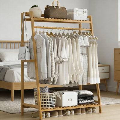 Portant à vêtements en bambou à 2 niveaux avec tringle et tablettes de rangement, organisateur de garde-robe portatif pour chambre à coucher et vestibule
