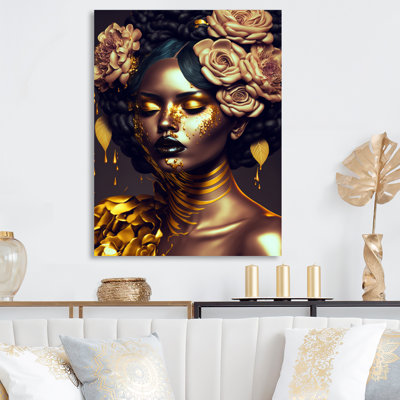 Art floral doré et noir femme IV - femme afro-américaine