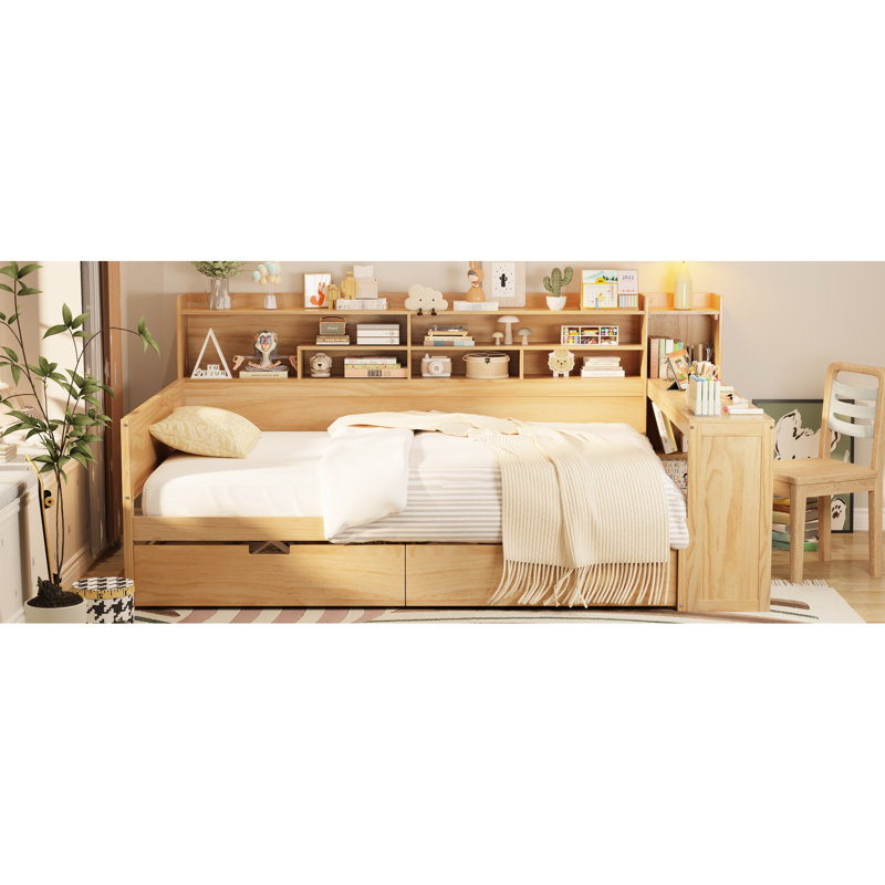 Antique White Daybed With Bottom Storage Shelf And Functional Work Desk Wooden Ample Space Desk,, Antique White