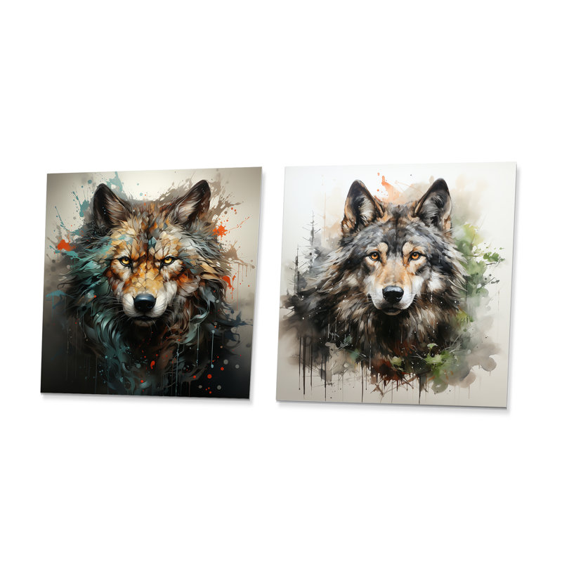 Solitude Wolf Portrait I - Ensemble de 2 décorations murales carrées en métal, H 36 po x l 72 po