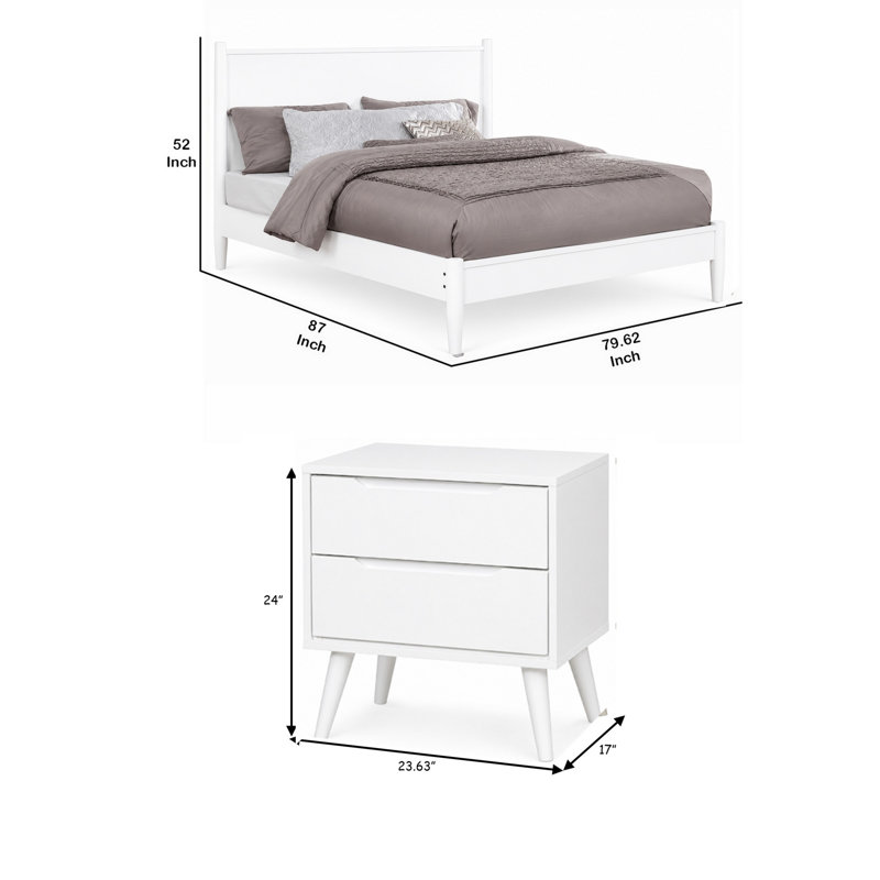 Ensemble de chambre à coucher pour très grand lit 3 pièces, bois blanc, 2 tables de chevet